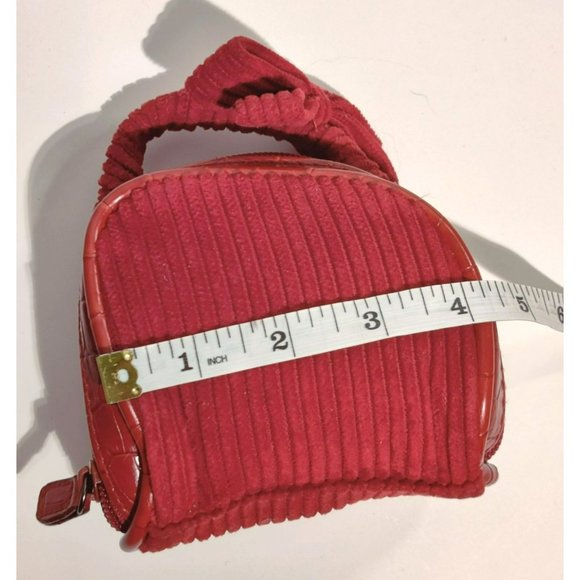Mini Red Corduroy Cotton Full Zip Jewelry Travel Bag Bow on Handle Inside Pocket - Picture 12 of 15